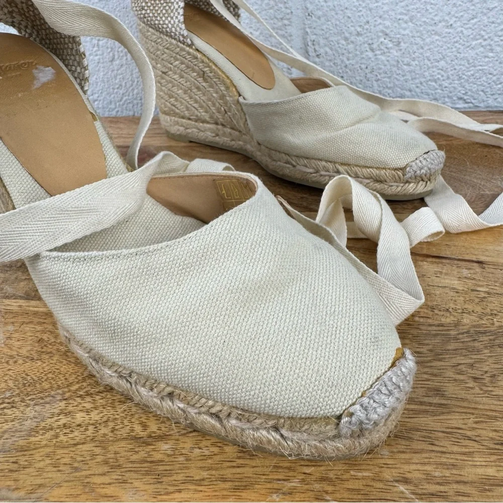 Castañer Canvas Lace-Up Espadrille Wedge Shoes EU 37 Ivory Made in Spain